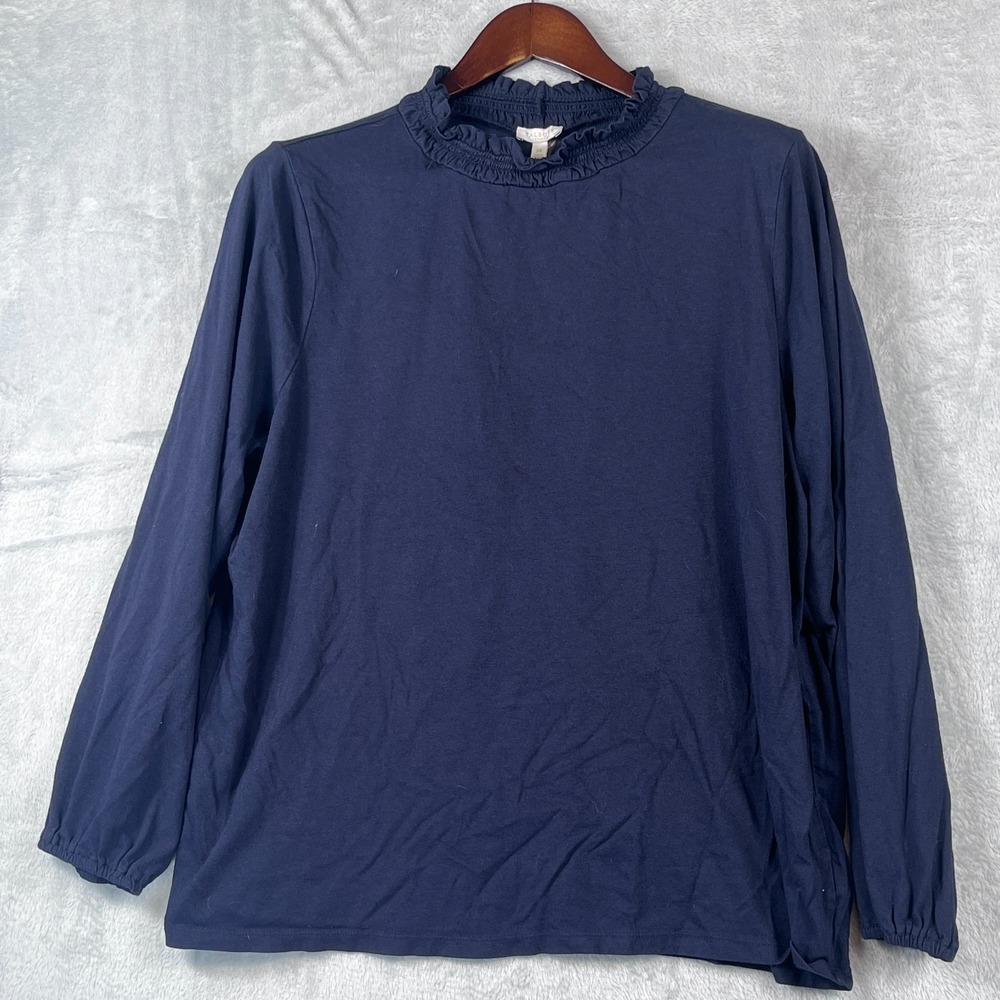 Talbots Plus Womens 2X Ruffled Collar Top Solid Navy Long Sleeve Cotton Modal
